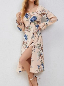 Floral square neck long sleeve midi dress with side slit in soft apricot and blue tones