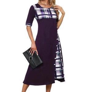 Elegant deep purple midi dress with tartan patchwork details and white buttons accents