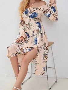 Elegant floral square neck maxi dress with long sleeves and high side slit for women