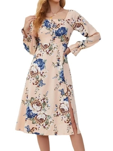 Elegant floral square neck maxi dress with lantern sleeves and side slit in beige