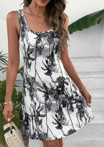 Detailed close-up of Bohemian sleeveless dress featuring black and white coconut tree print