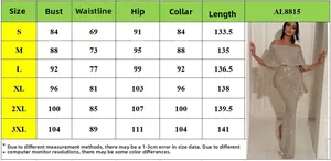 Size guide table for AL8815 off-shoulder sequined evening dress from size S to 3XL