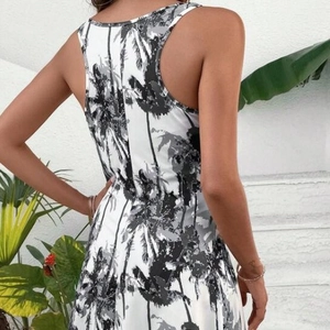 Elegant bohemian sleeveless dress with black and white tropical palm tree print