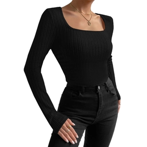 Slim fit long sleeve t-shirt for women featuring a square neck and black ribbed knit texture