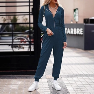 Tuta sportiva da donna blu scuro con cappuccio, zip lunga e polsini elasticizzati