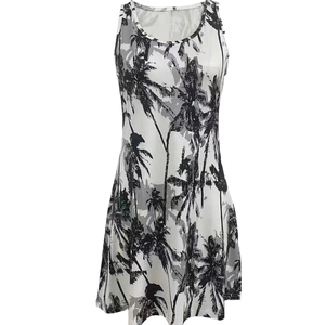 Sleeveless A-line summer dress with tropical coconut tree 3D print in black and white