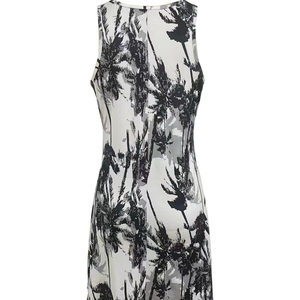 Elegant sleeveless round neck dress with black and white tropical palm leaf silhouette print