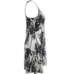Sleeveless bohemian summer dress with black palm tree 3D print on white fabric side view