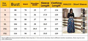 Guide des tailles détaillé en cm pour robe longue fleurie incluant buste et taille