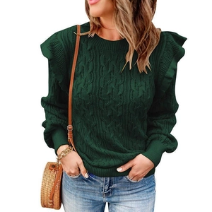 Deep green thick cable knit sweater with stylish ruffled shoulders and classic crew neck