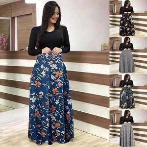 Robe Maxi Décontractée à Imprimé Floral Patchwork pour Femmes Col Rond Manches Longues Courtes Taille Haute Ligne A