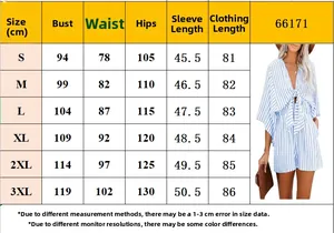 Detailed size chart for striped deep V-neck romper with measurements for S to 3XL sizes