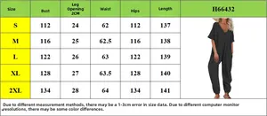 Detailed sizing chart and measurement guide for women's V-neck cargo jumpsuit with model view