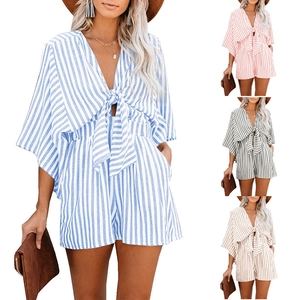 Summer Women Striped Deep V-Neck Romper With Flare Sleeve Bow Tie Elastic Waist Loose Vacation Casual Short Jumpsuit