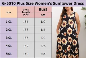 Size chart for women plus size sunflower print dress with length and bust details