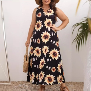 Women Plus Size Sleeveless Maxi Dress Sunflower Floral Print V Neck Casual Summer Beach Long Dress Pocket A-Line