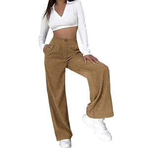 Women's high waist caramel corduroy wide leg trousers with a relaxed fit style