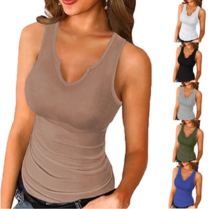 Women's Sexy Notch Neck Ribbed Knit Tank Top Solid Color Sleeveless Slim Fit Summer Racerback Top Casual Vest For Women