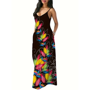 Robe longue d'été pour femmes avec col en V et imprimé floral abstrait coloré sur noir