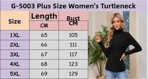 Detailed size chart for women's plus size high neck long sleeve slim fit knit top G-5003