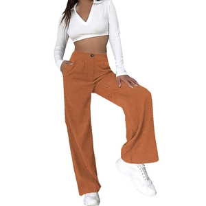 Women's high waist bright orange corduroy wide leg pants with button fly and side pockets