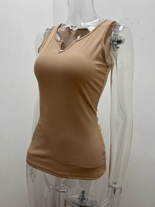 Detail view of khaki ribbed knit tank top featuring a stylish small V-neck notch design