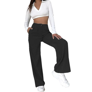 Detailed close-up of high-waisted black corduroy wide-leg pants showing the ribbed texture