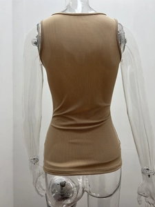 Detail view of khaki ribbed knit texture and racerback design on women tank top