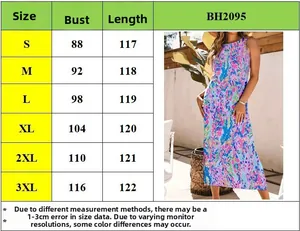 Size guide table for floral split dress showing bust and length measurements from S to 3XL
