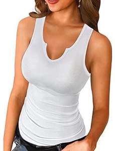 Detail of white ribbed tank top featuring a unique notch neck and sleeveless slim fit cut