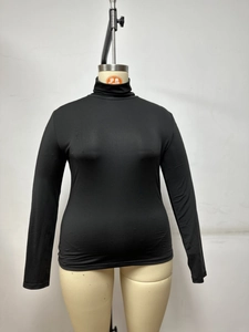 Close-up of black turtleneck slim-fit long-sleeve knit top with ribbed texture