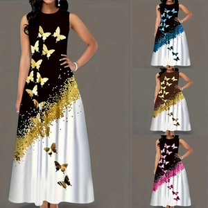 Damen Plus Size Schmetterling Druck Ärmelloses Maxi Kleid Verlauf A-Linie Tank Kleid Mit Taschen Casual Sommer Party Langes Kleid