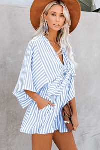 Deep V-neck striped romper detail with waist tie and loose flared sleeves for women