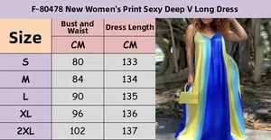 Size chart and measurement details for women's deep V-neck gradient summer maxi dress