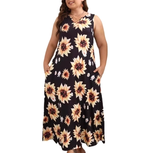 Women's plus size sleeveless V-neck maxi dress with bright sunflower floral print