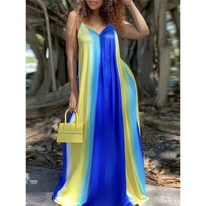 Bohemian women's V-neck maxi dress with yellow and blue gradient vertical stripes
