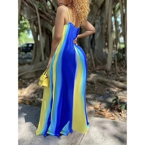 Sexy blue and yellow gradient striped maxi dress with thin straps for women