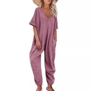Women's V-neck casual short sleeve jumpsuit with pockets and gathered ankles in purple
