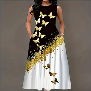Detail eines ärmellosen A-Linien-Kleides mit goldenem Schmetterlingsdruck und Taschen