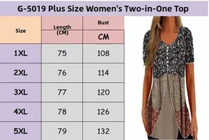 Detailed size chart for women plus size casual printed faux two-piece short sleeve T-shirt