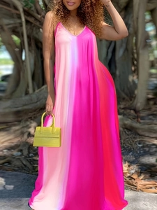 Detail of pink gradient sleeveless maxi dress with a deep V-neck and thin straps