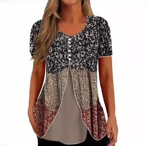 Women's plus size summer top with floral patchwork and asymmetrical layered hemline