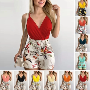 Women Sexy V Neck Camisole And Floral Printed Shorts Outfit With Belt Summer Sleeveless Top High Waist Tropical Clothes