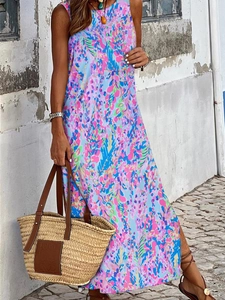 Women Casual Sleeveless Floral Print Maxi Dress Backless Side Slit Vacation Beach Dress Bohemian Round Neck Long Sundress