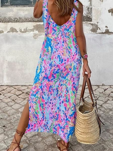 Floral backless maxi dress with abstract print and side slit for summer vacation