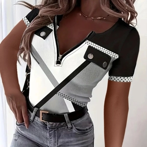 Elegant Women V-Neck Zipper T-Shirt 3D Digital Geometric Patchwork Contrast Stripe Short Sleeve Polyester Knit Top
