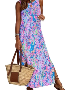 Floral print sleeveless maxi dress in sky blue with bohemian pattern and round neck