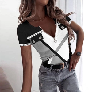 Women's 3D geometric stripe knit short sleeve top with zipper V-neck and color block