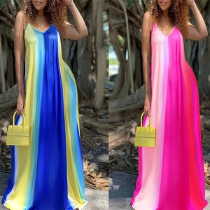 Women Sexy Deep V-Neck Spaghetti Strap Maxi Dress Gradient Print Satin Bohemian Summer Sleeveless Loose Dress For Holiday Beach