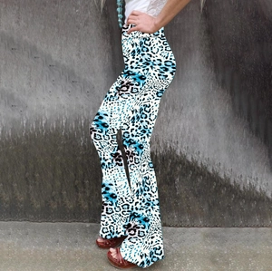 Detailed side view of high-waisted flare trousers with blue leopard animal print patterns